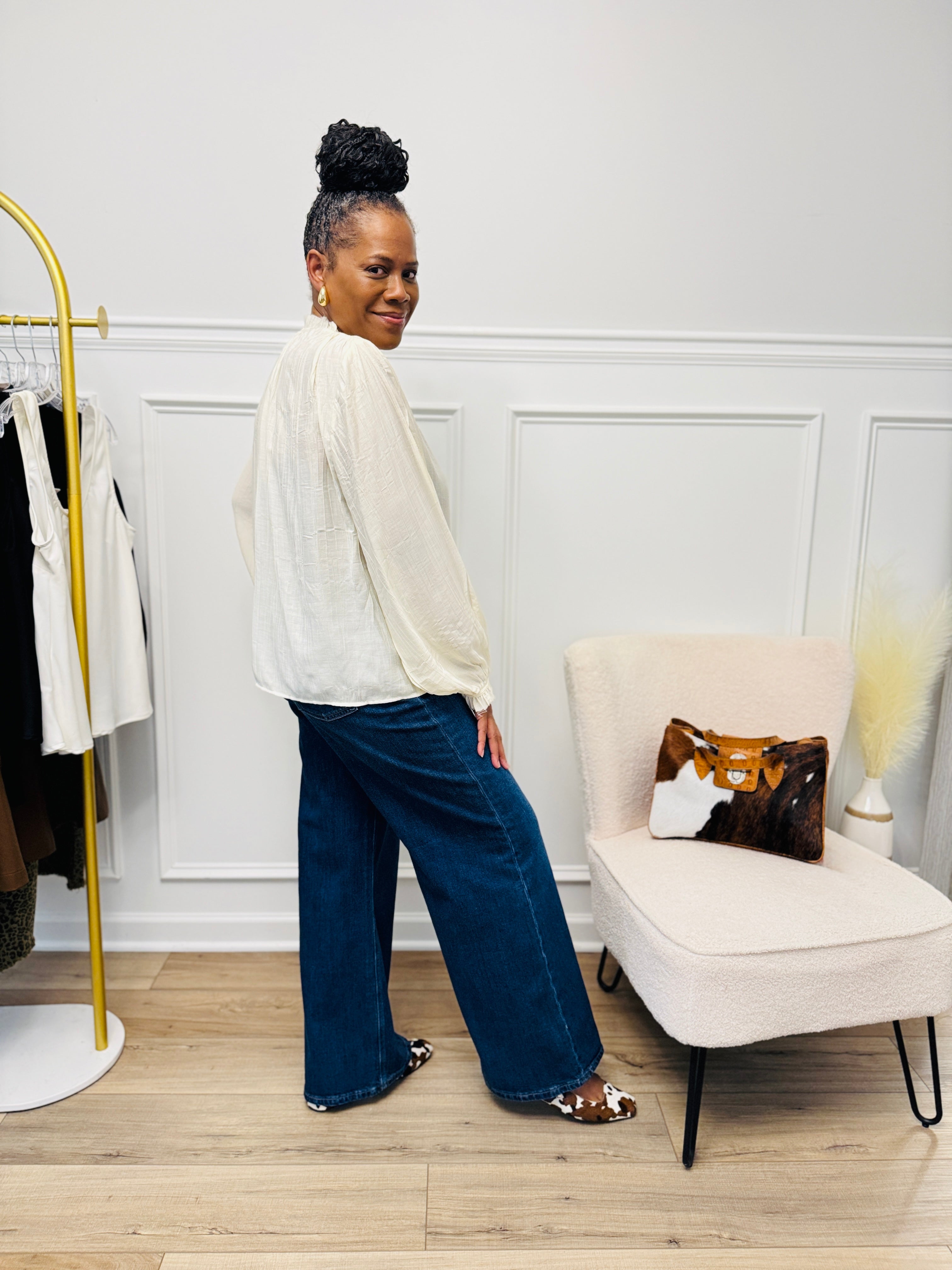 Button Front Tie Neck Blouse