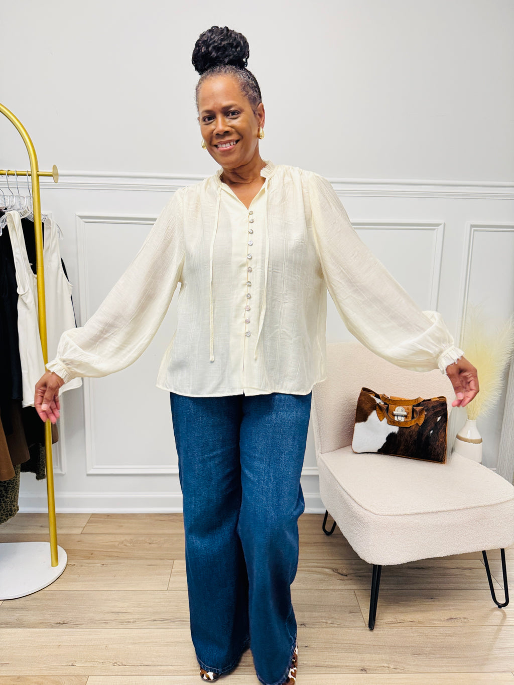 Button Front Tie Neck Blouse
