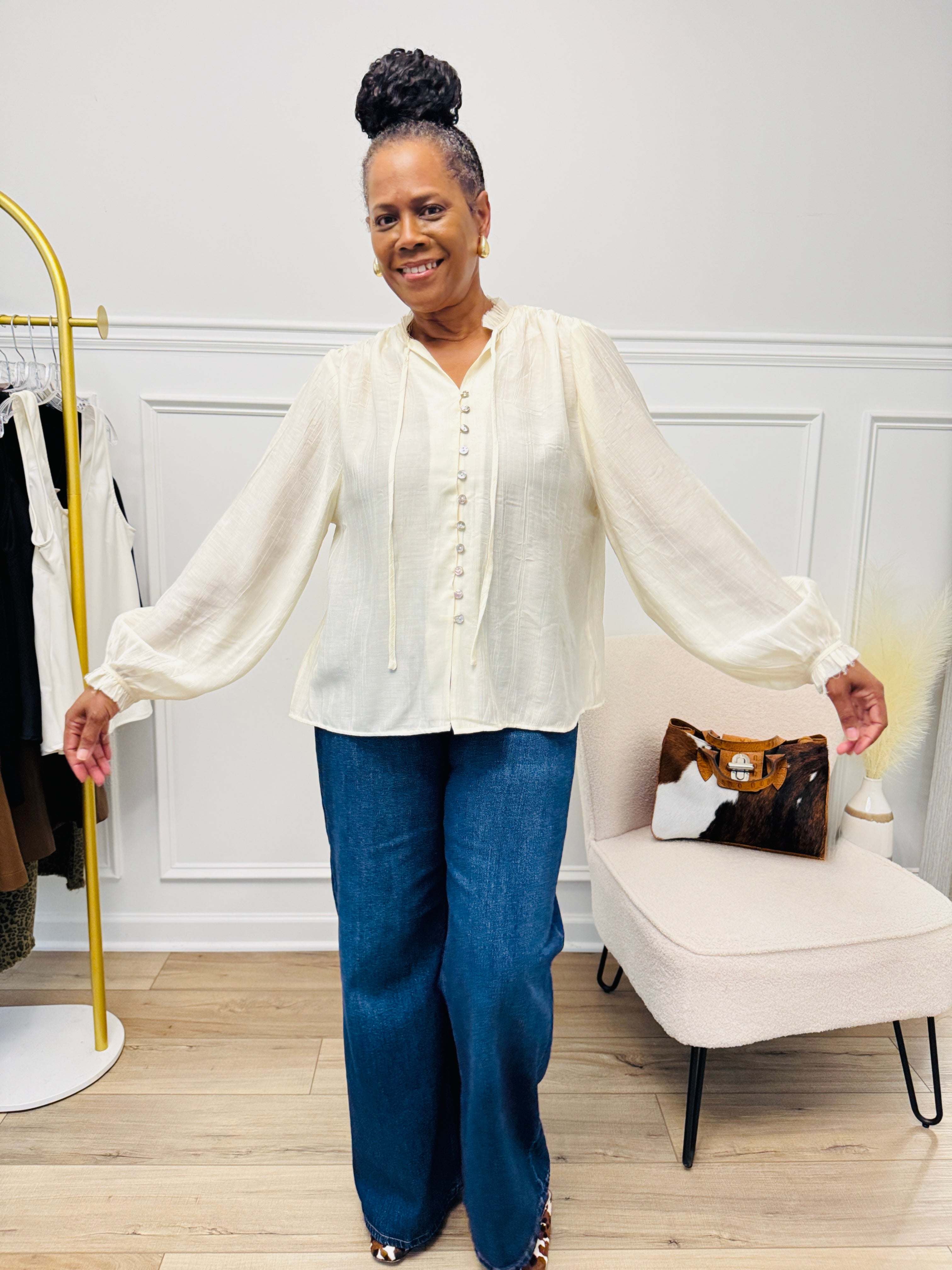 Button Front Tie Neck Blouse