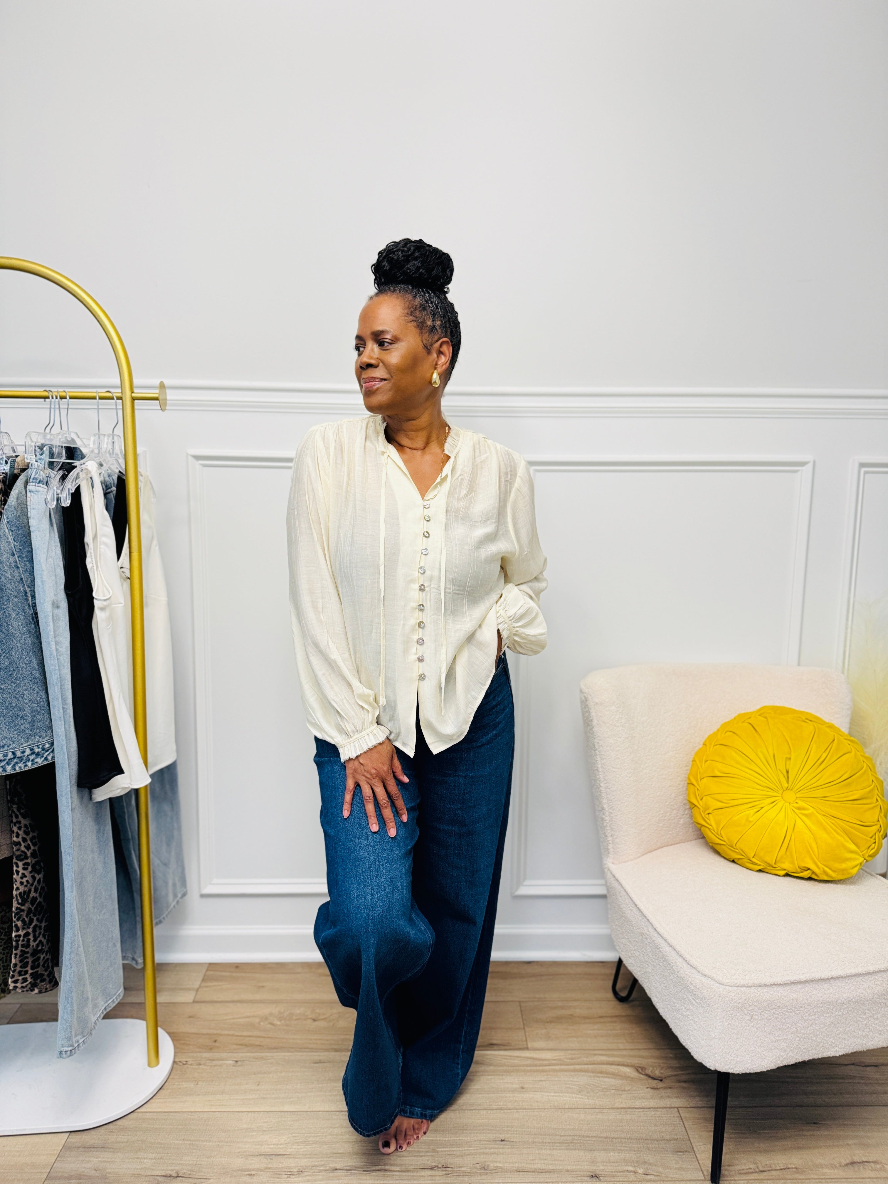 Button Front Tie Neck Blouse