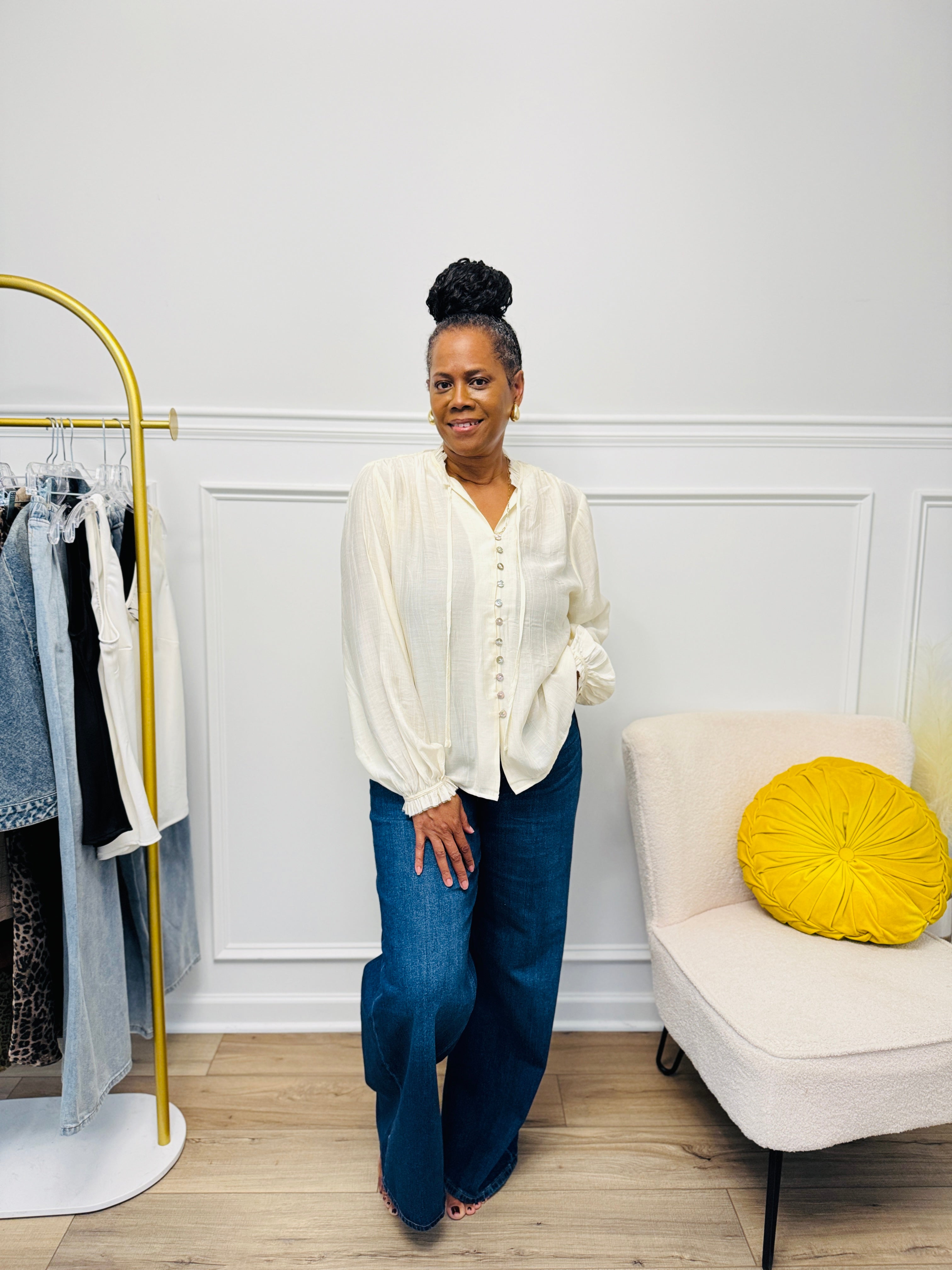 Button Front Tie Neck Blouse