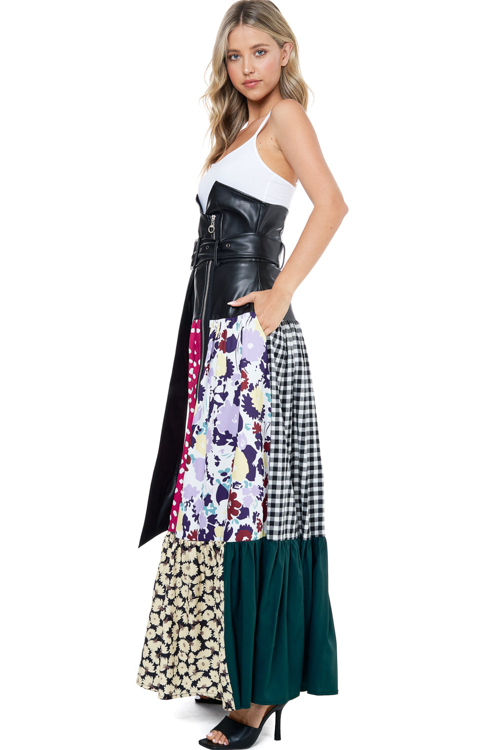 High Waisted Vegan Leather With Patch Print Maxi skirt