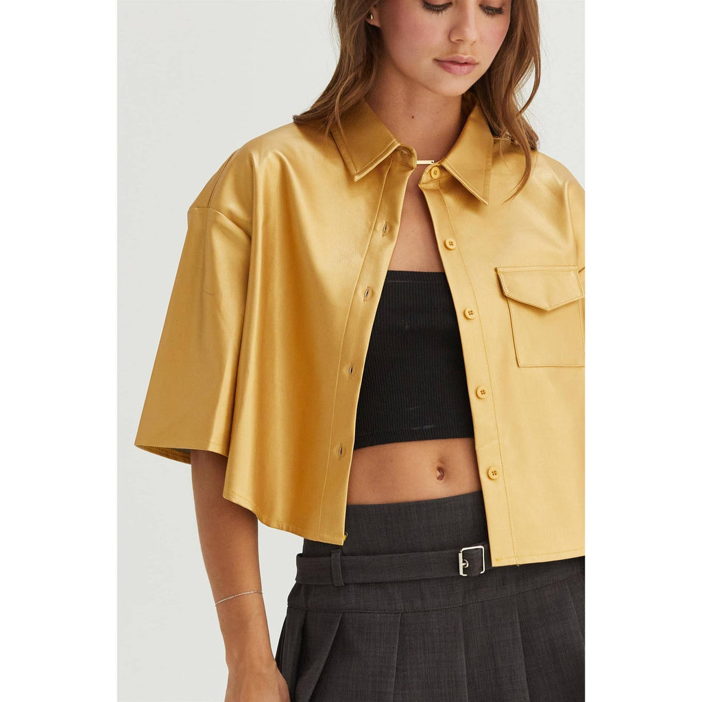 Faux Leather Button-Down Cropped Shirt: GOLD
