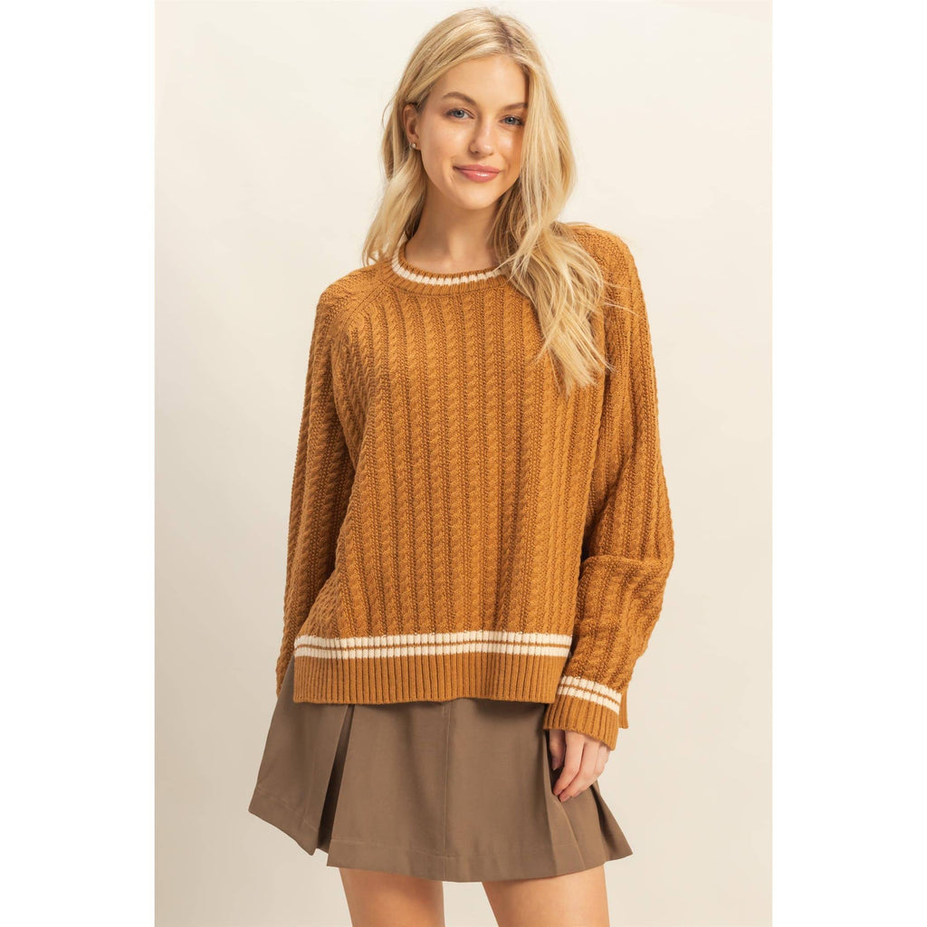 Textured Knit Sweater With Contrast Trim Detail: CAMEL