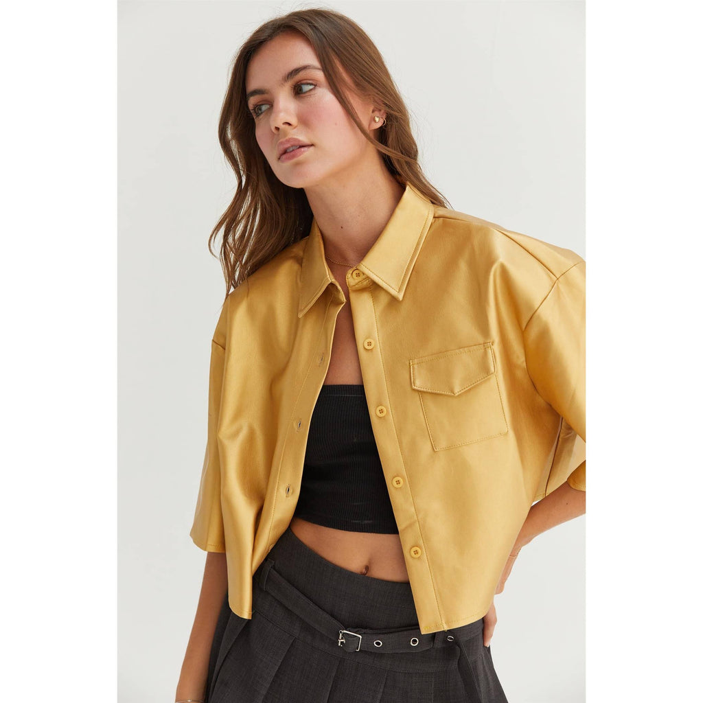 Faux Leather Button-Down Cropped Shirt: GOLD