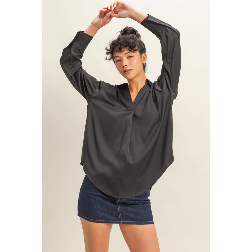 Collared V-Neck Satin Blouse: BLACK