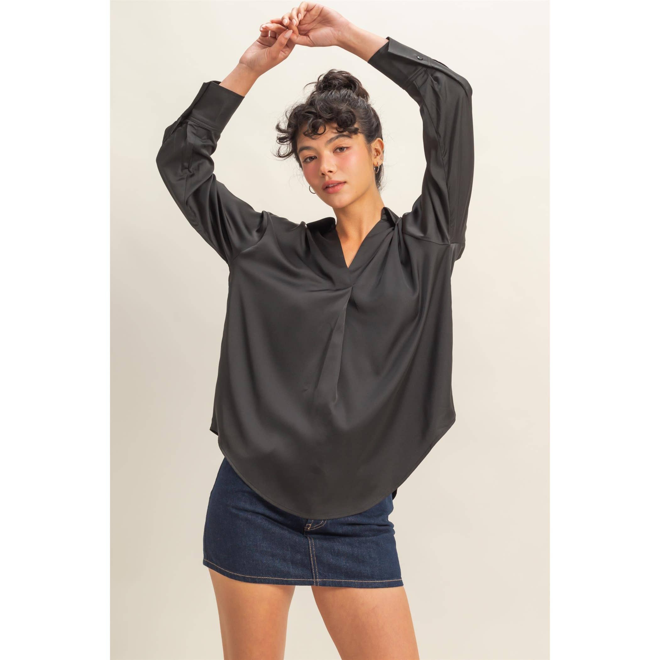 Collared V-Neck Satin Blouse: BLACK