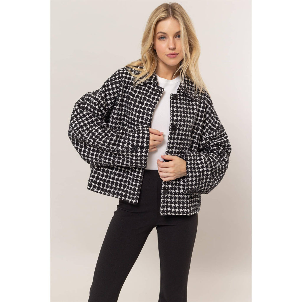 Tweed Plaid Oversized Jacket: BLACK