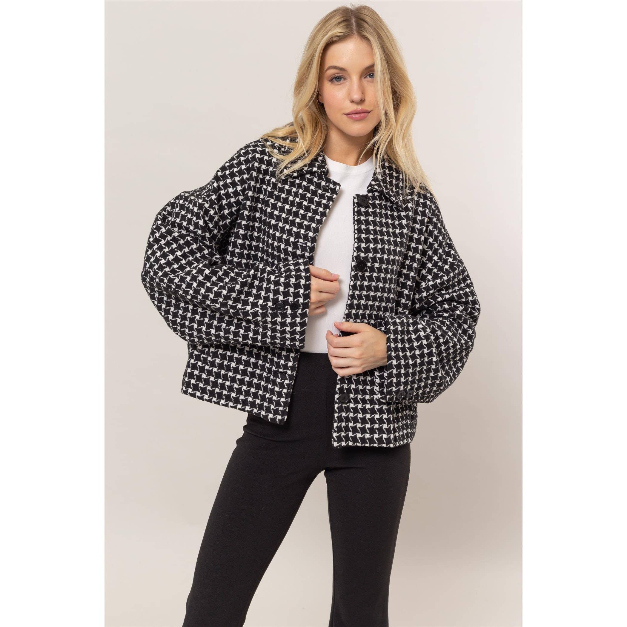 Tweed Plaid Oversized Jacket: BLACK