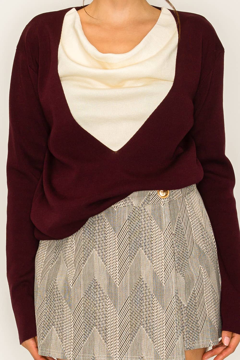 Two-Tone Knit Top with Draped Contrast Detail: BURGUNDY COMBO