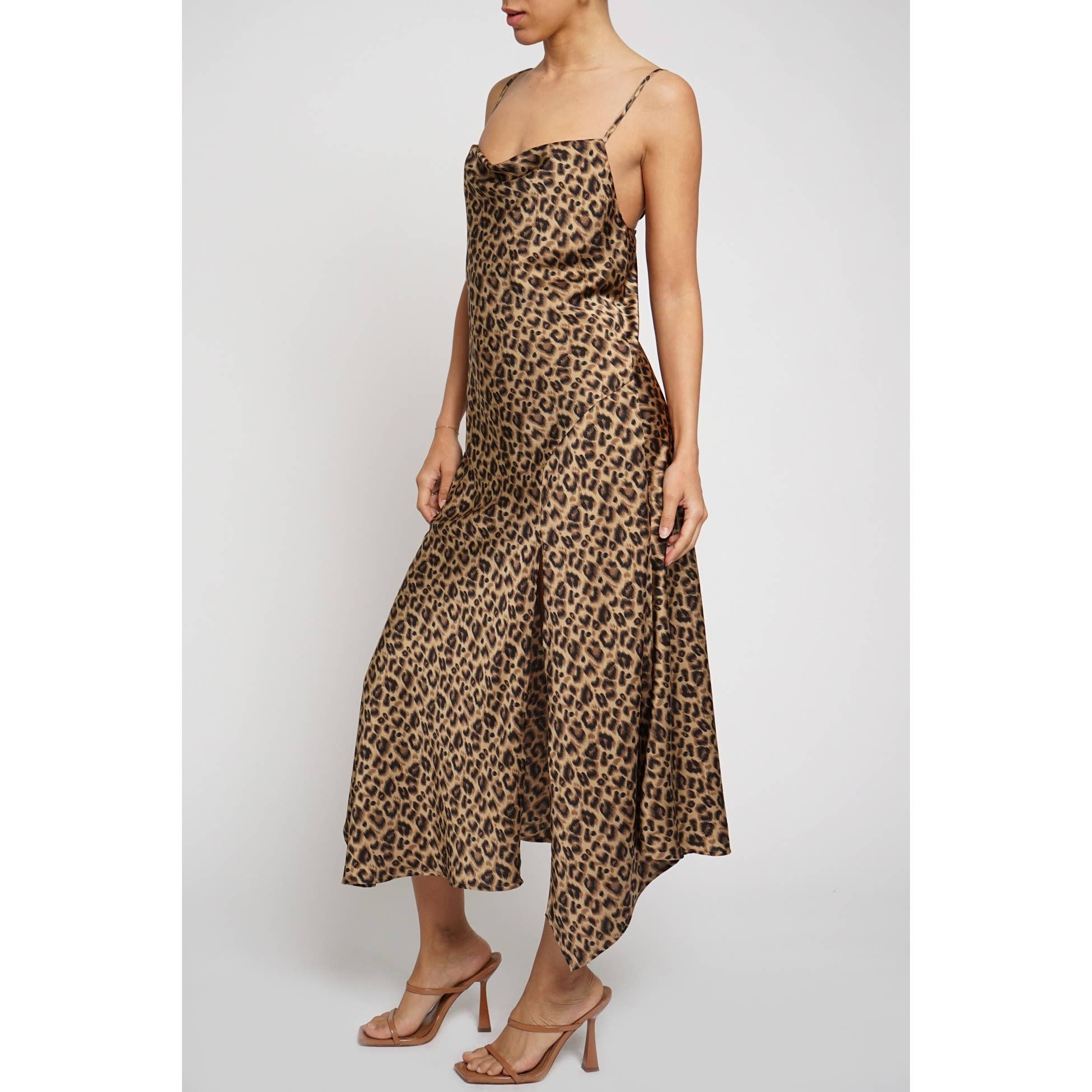 SATIN LEOPARD PRINT FRONT SLIT DRESS: Leopard