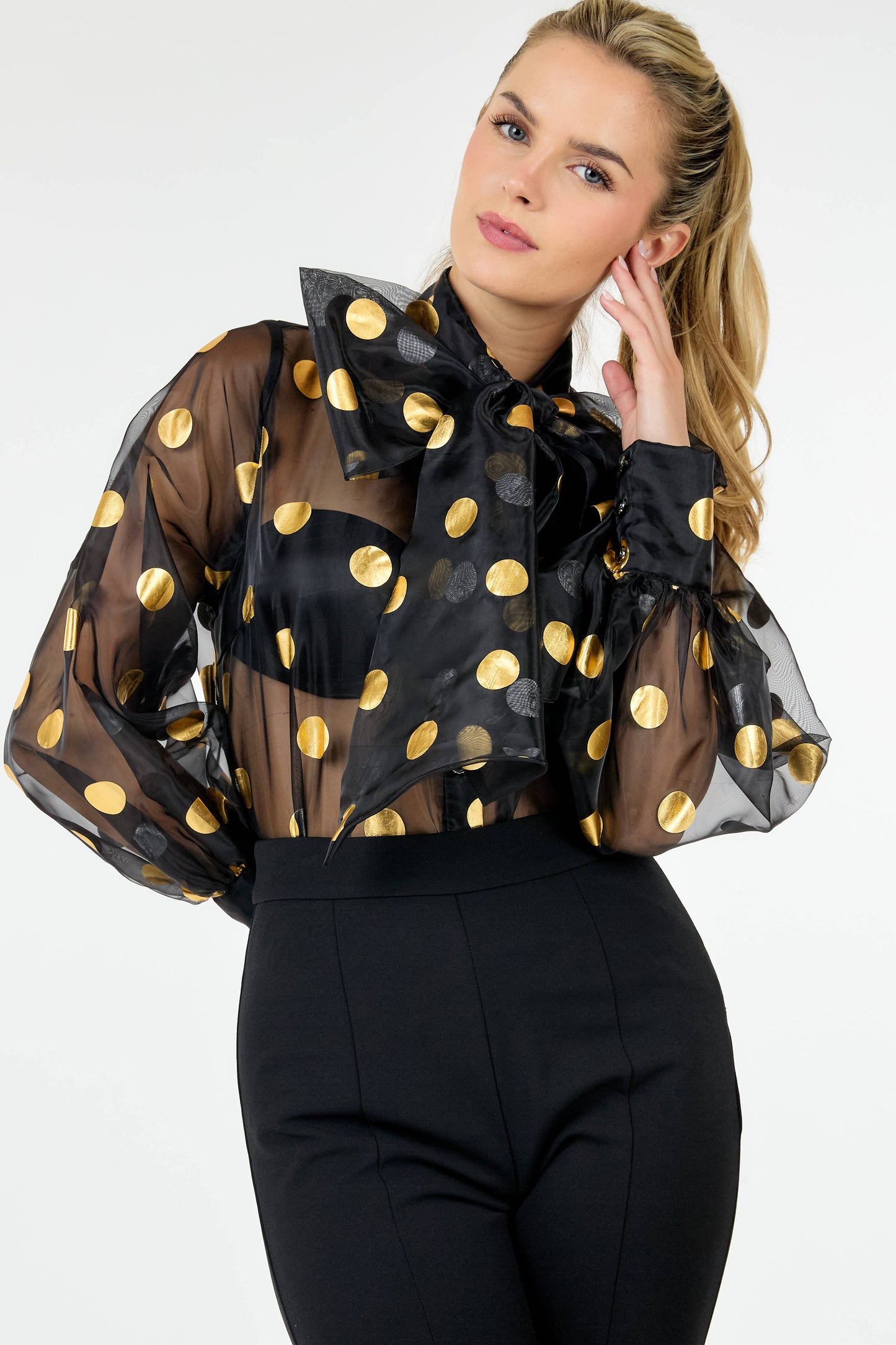 Golden Glimmer Polka Dot Sheer Blouse with Bow Tie