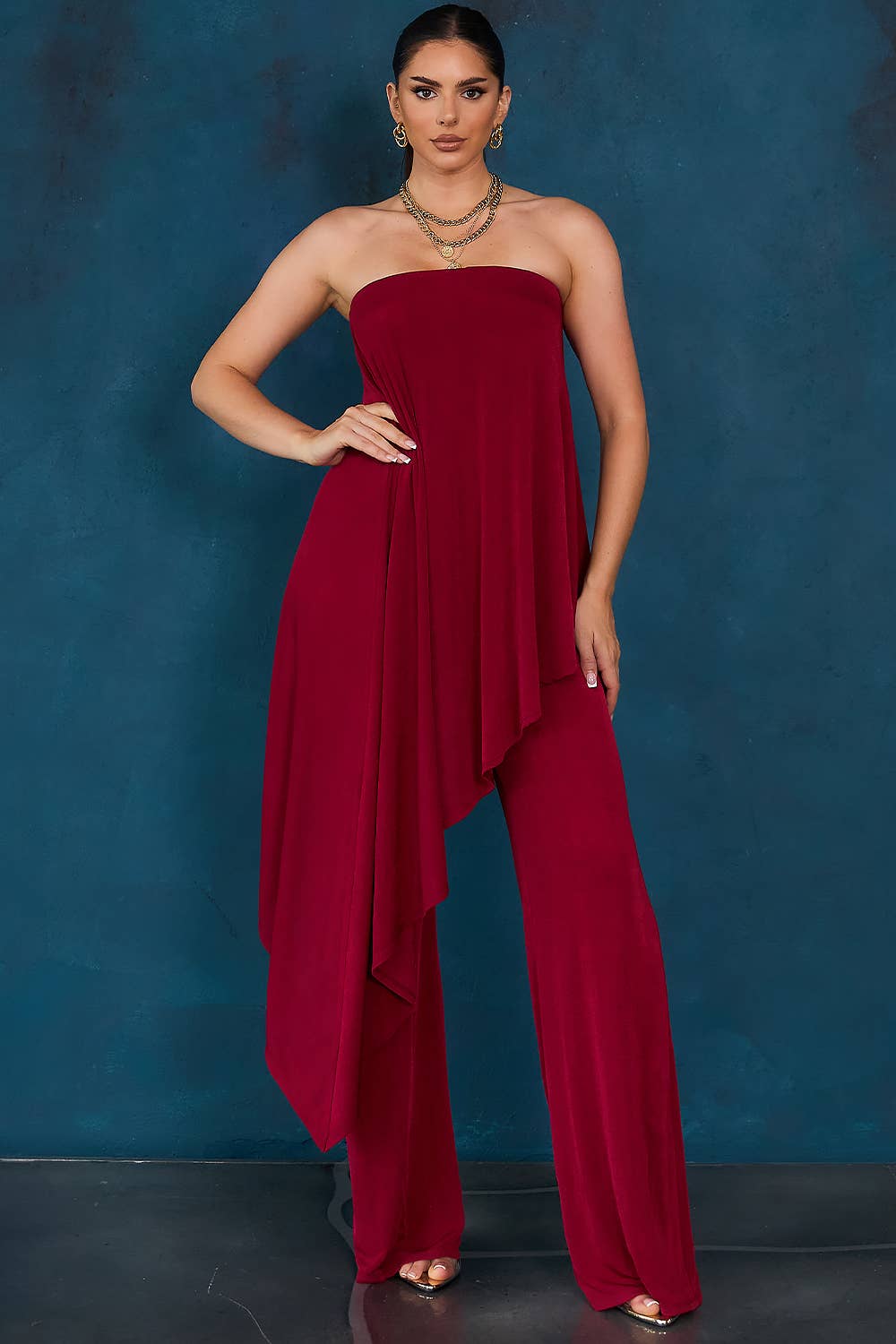 Cherry Solid Draped Strapless Jumpsuit