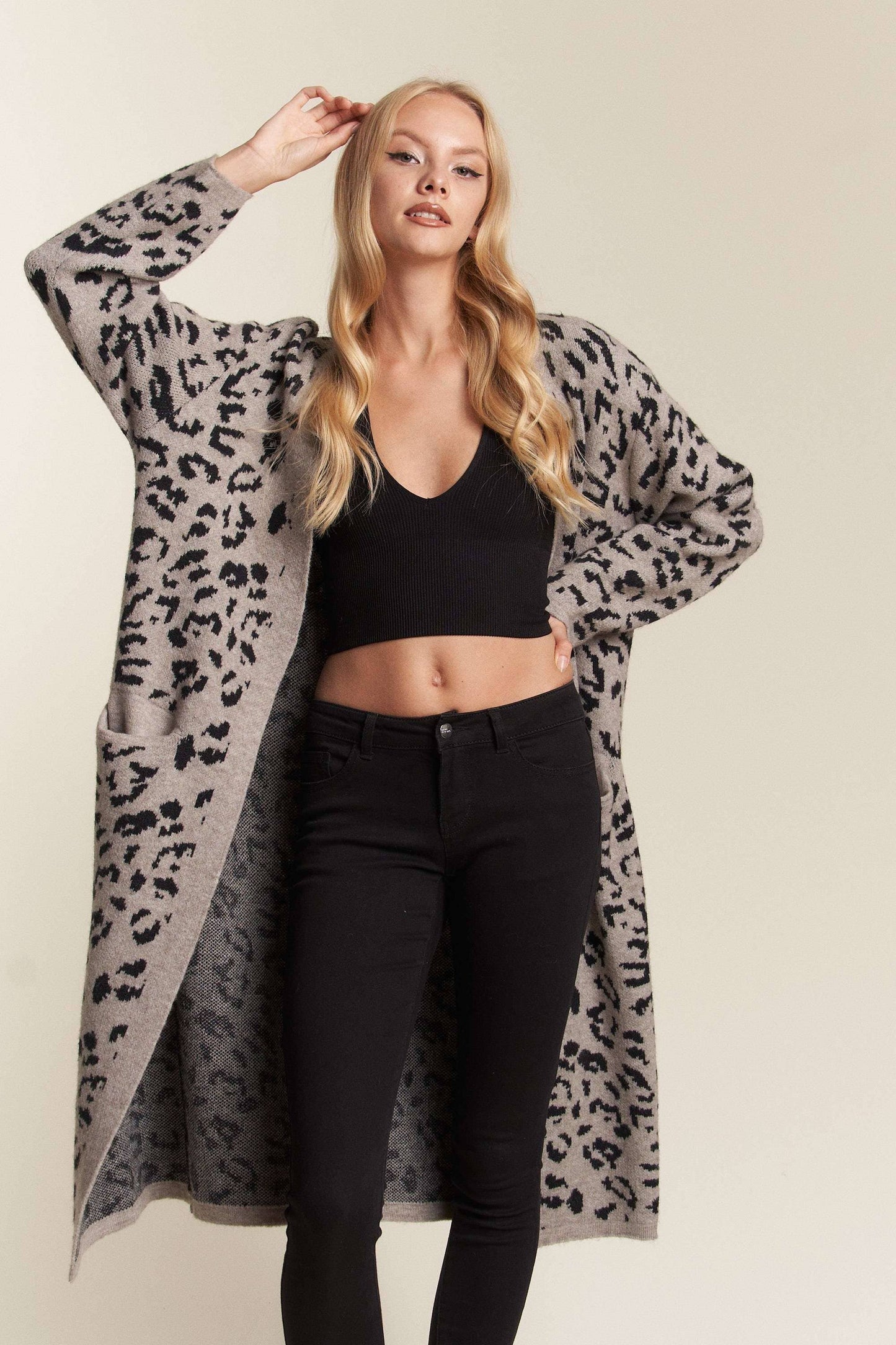 LEOPARD PRINTED OPEN SWEATER CARDIGAN WITH POCKET