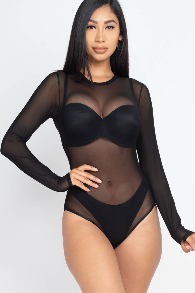 Mesh Sheer Long Sleeves Bodysuit - Black