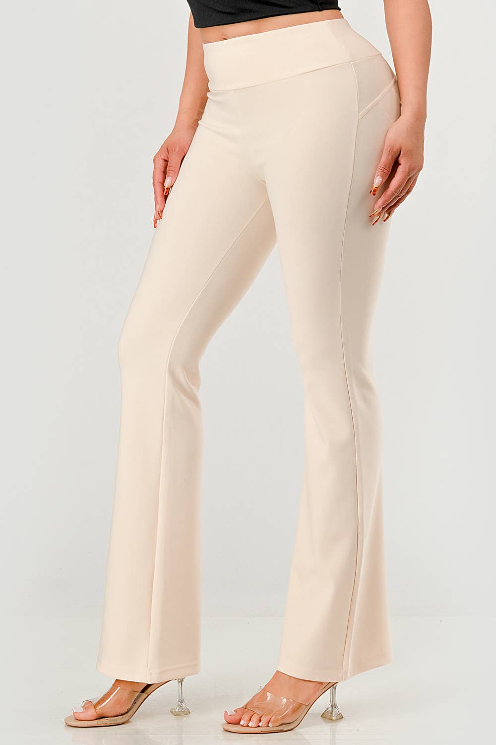 Womens High Waist Tummy Control Flare Pants: Pearled Ivory