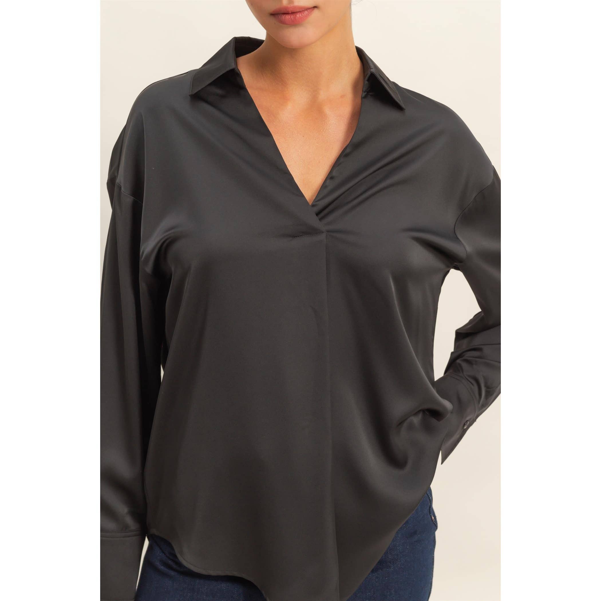 Collared V-Neck Satin Blouse: BLACK