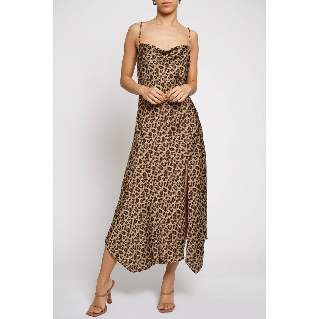 SATIN LEOPARD PRINT FRONT SLIT DRESS: Leopard