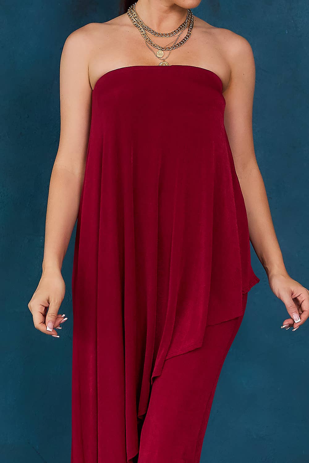 Cherry Solid Draped Strapless Jumpsuit