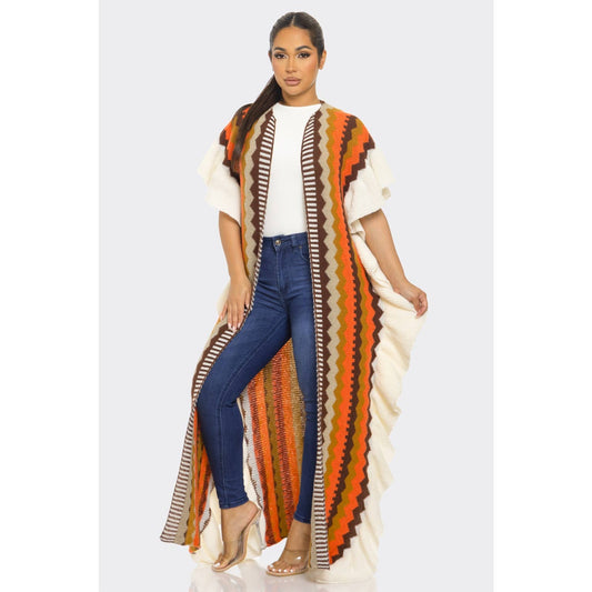 Multicolor Long Poncho Cardigan: MOCHA/MULTI / ONE SIZE