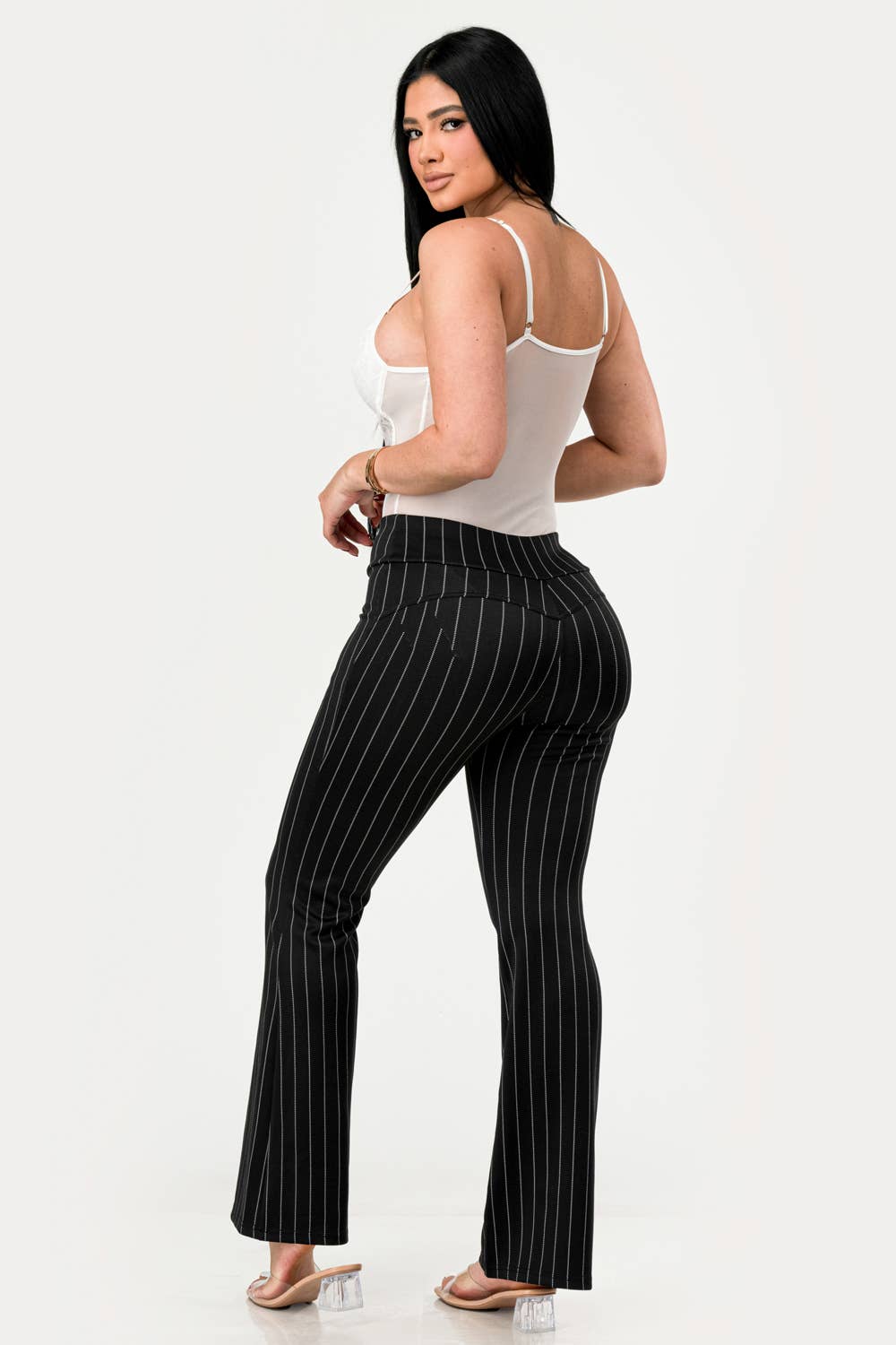 Womens High Waist Tummy Control Flare Pants: Pinstripe
