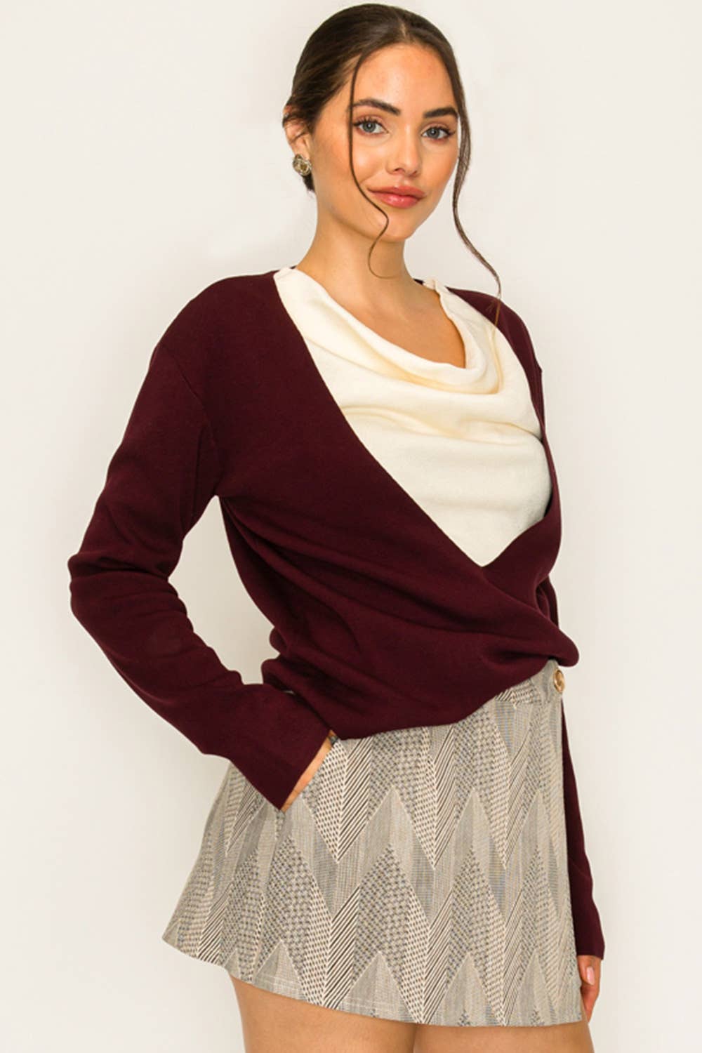 Two-Tone Knit Top with Draped Contrast Detail: BURGUNDY COMBO