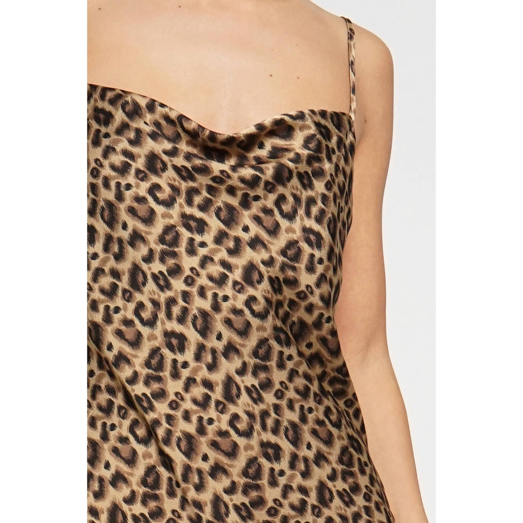 SATIN LEOPARD PRINT FRONT SLIT DRESS: Leopard