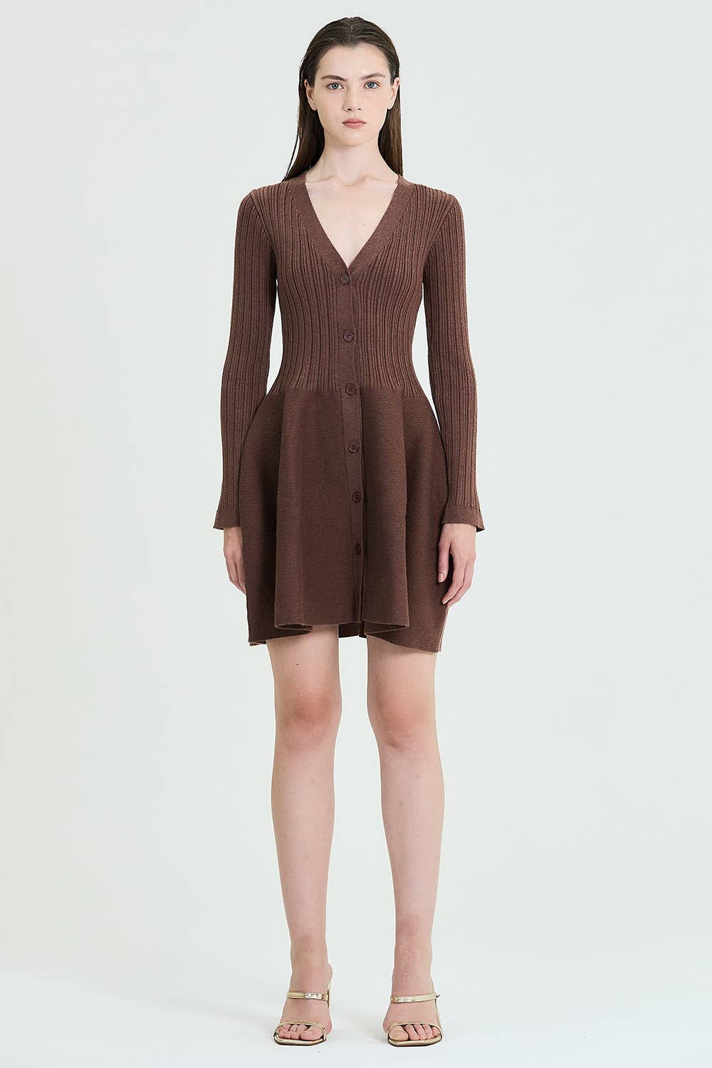 Fit & Flare Button-Up Ribbed Knit Dress: Brown