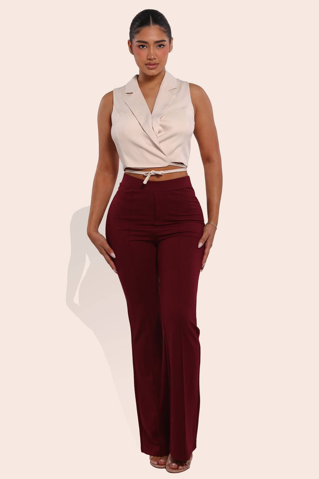 Womens High Waist Front Seam Ponte Flare Pants: Burgundy