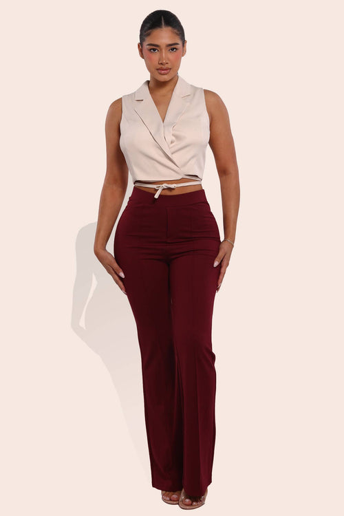 Womens High Waist Front Seam Ponte Flare Pants: Burgundy