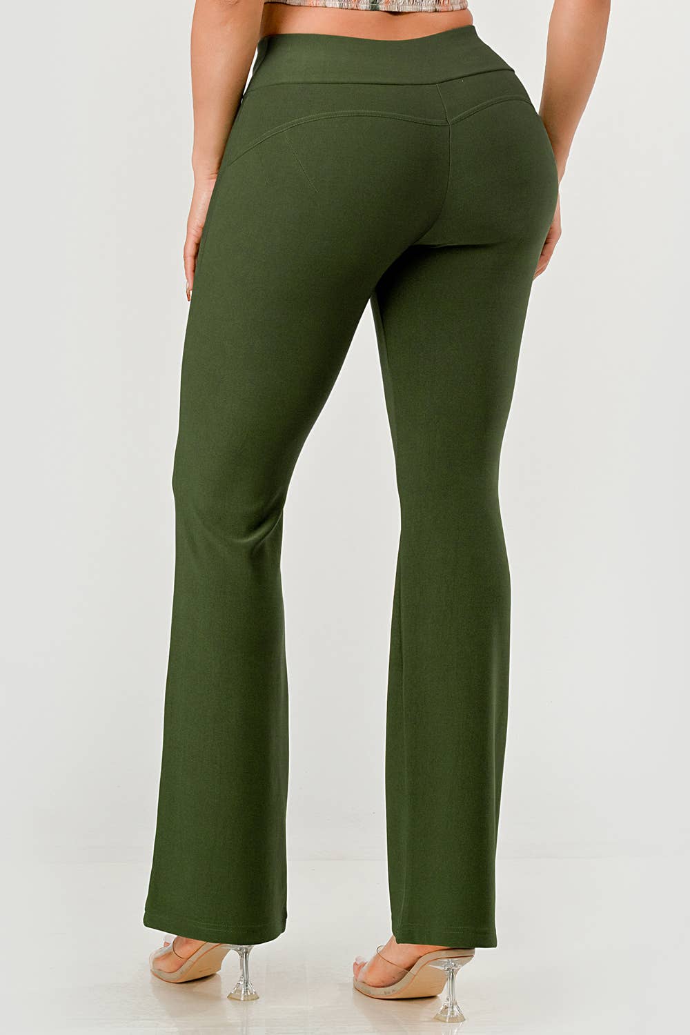 Womens Tummy Control Sculpting Flare Pants With Button Waist: Army Green