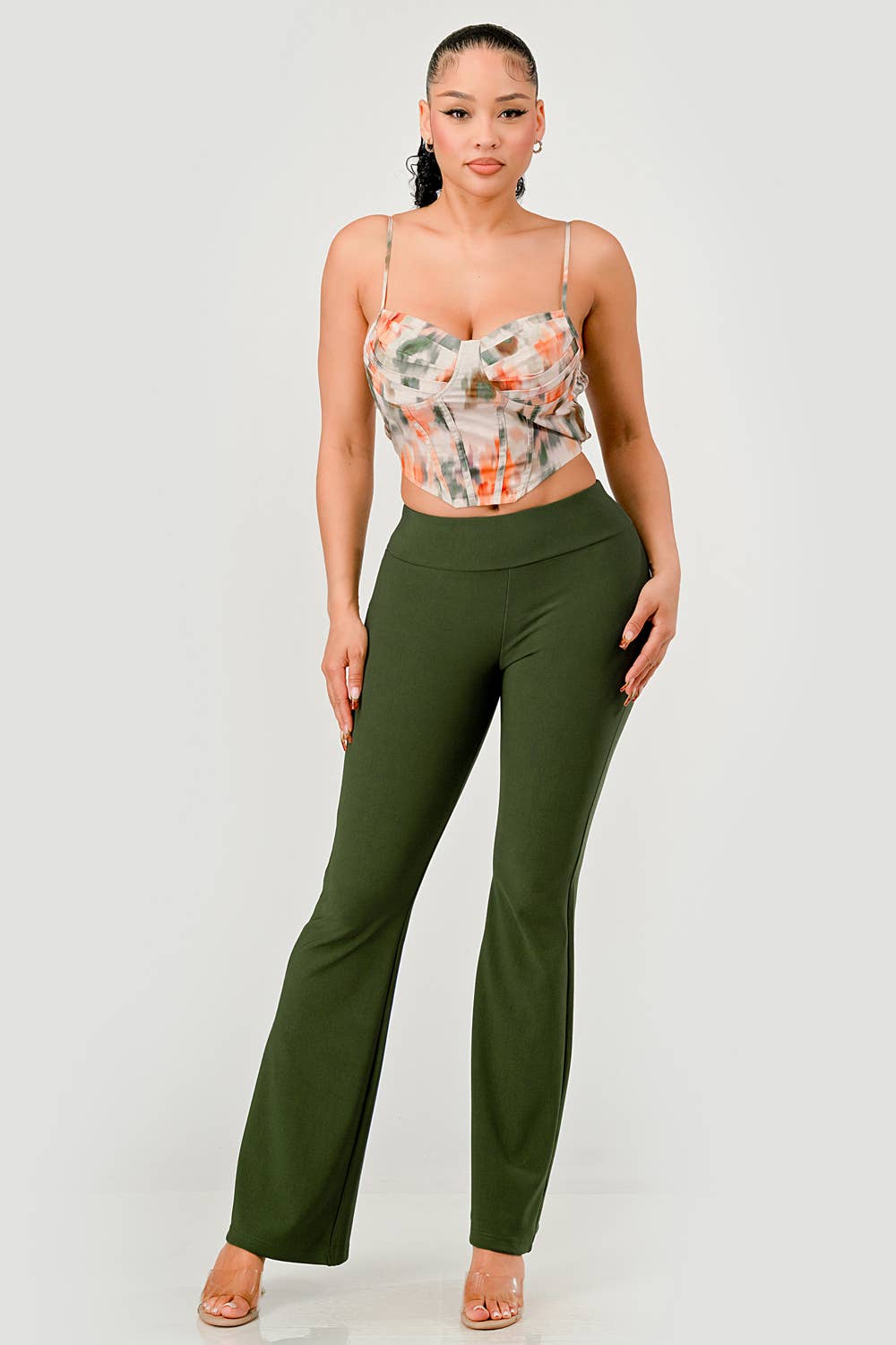 Womens Tummy Control Sculpting Flare Pants With Button Waist: Army Green