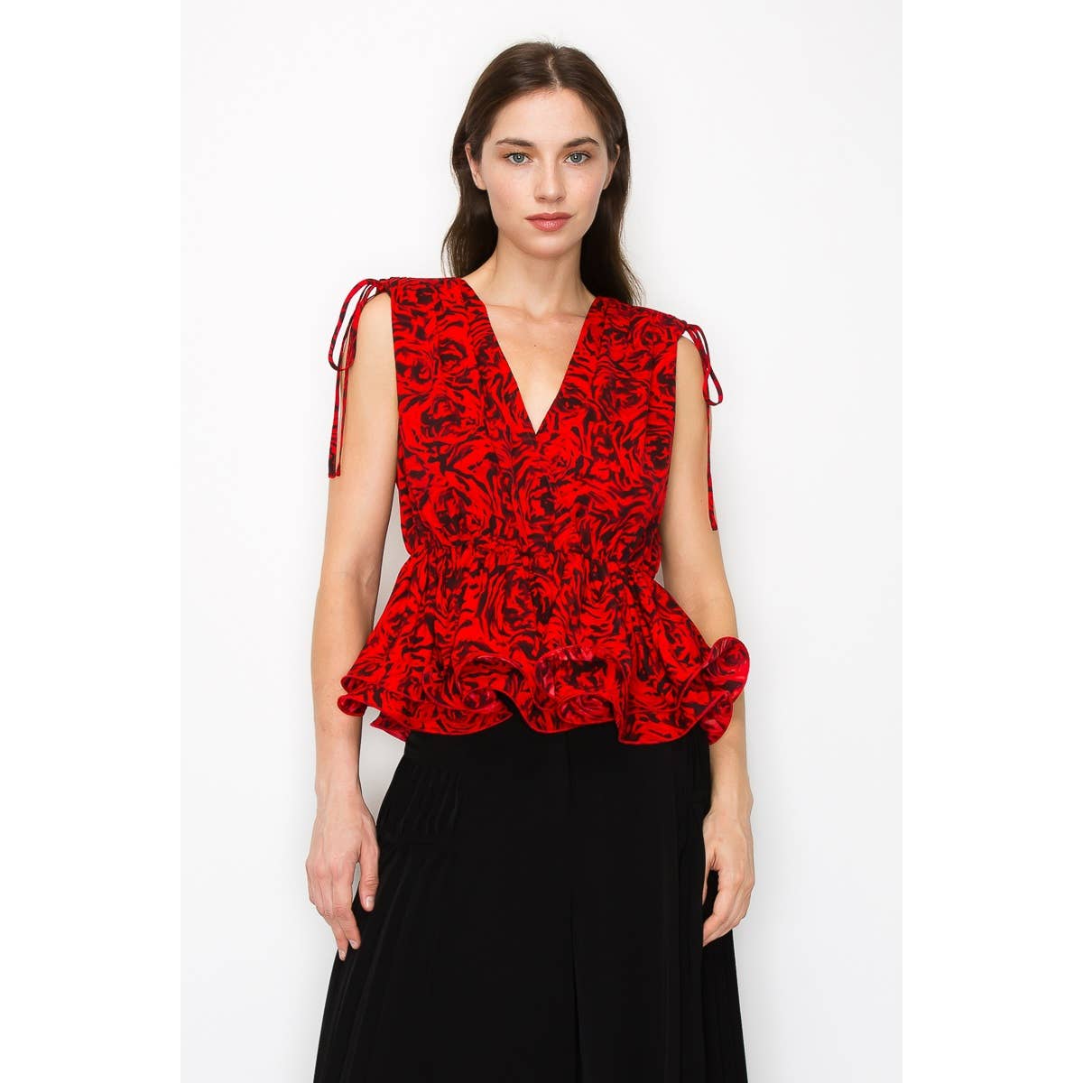 V Neck Floral Print Peplum Top