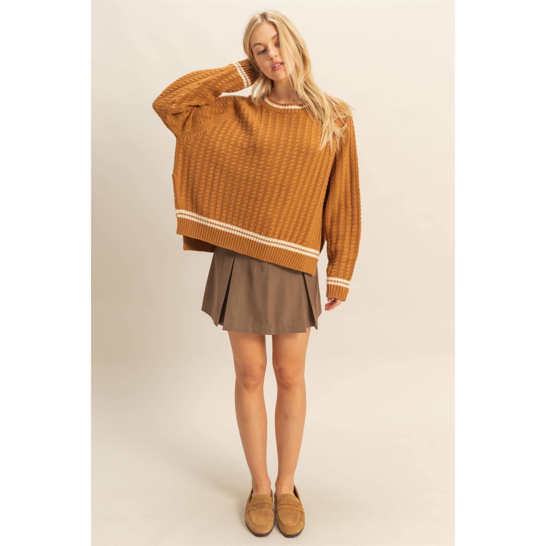 Textured Knit Sweater With Contrast Trim Detail: CAMEL