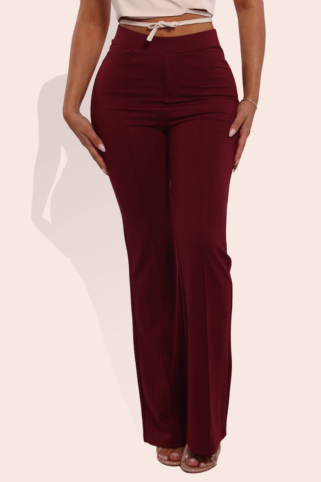 Womens High Waist Front Seam Ponte Flare Pants: Burgundy