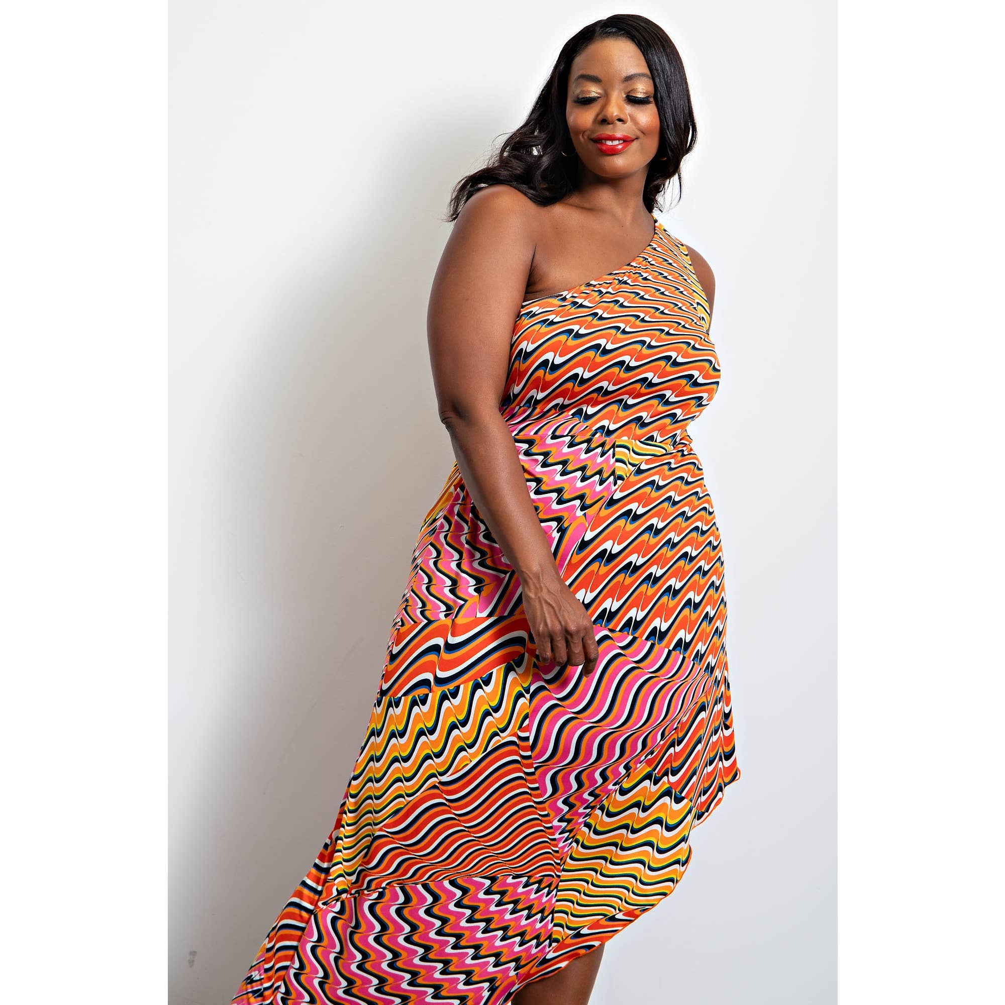 PLUS SIZE ONE SHOULDER KNIT DRESS W ASYMMETRIC HEM