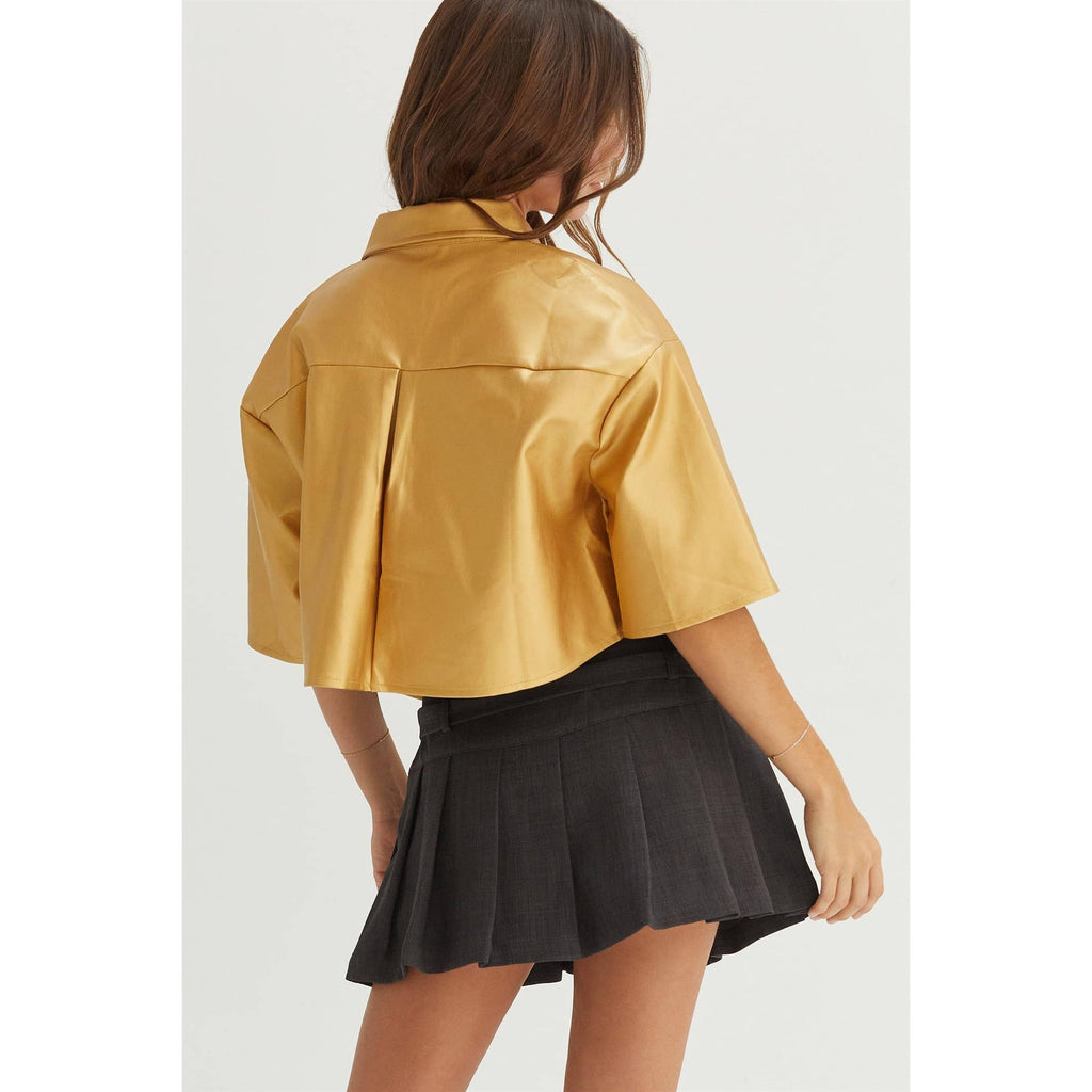 Faux Leather Button-Down Cropped Shirt: GOLD