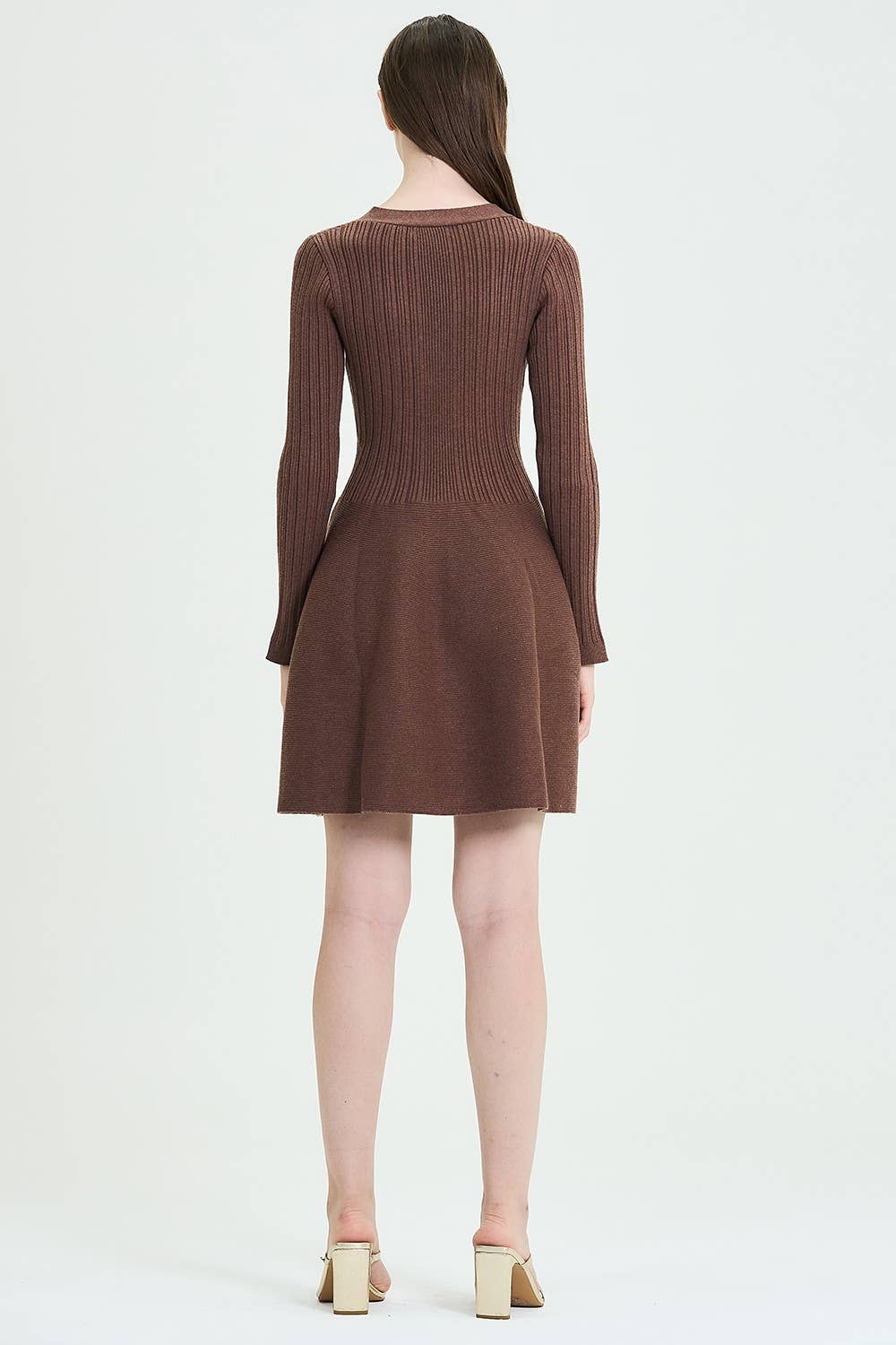 Fit & Flare Button-Up Ribbed Knit Dress: Brown
