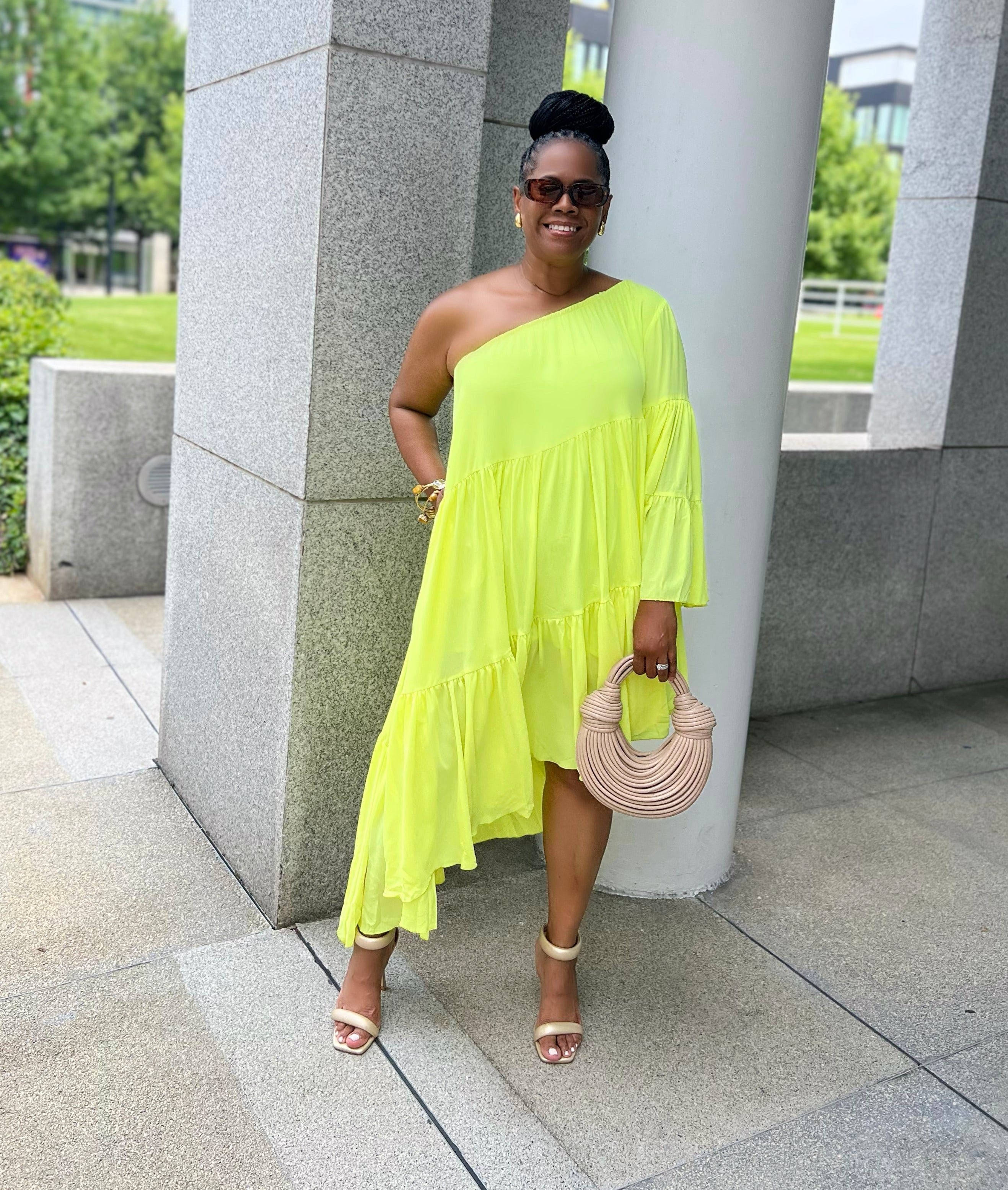 Voluminous One Shoulder Shirred Dress