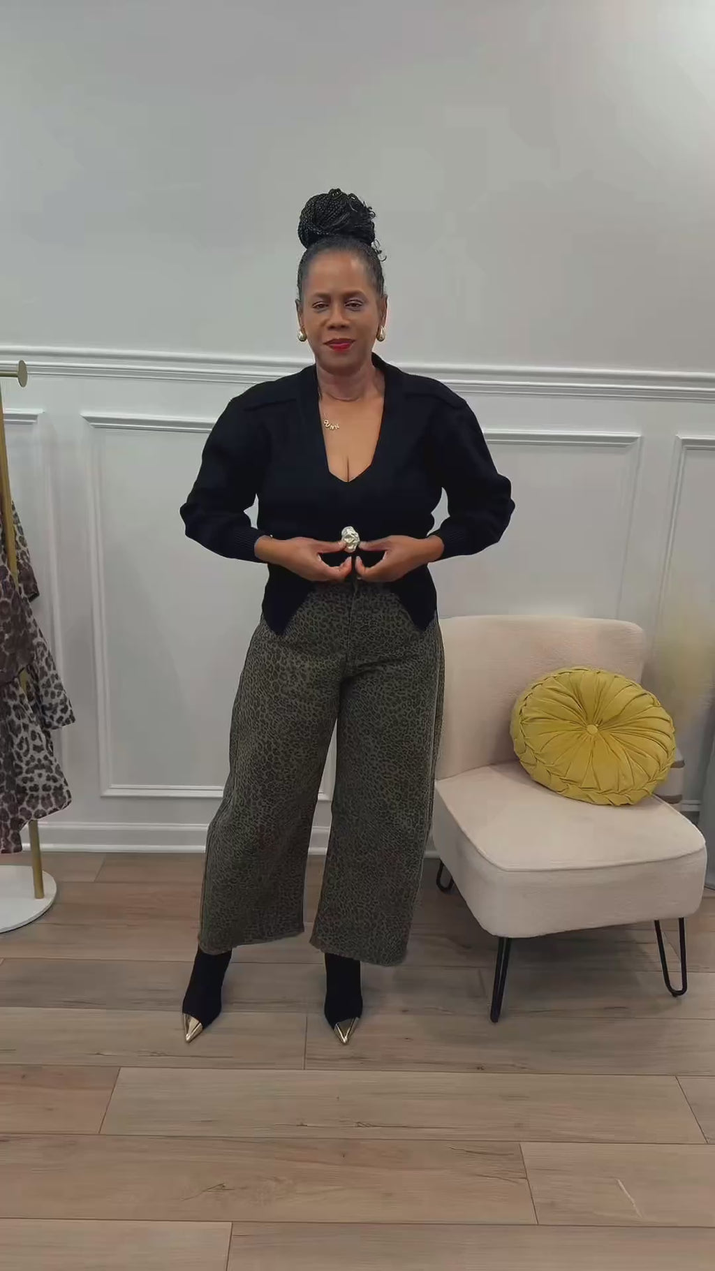 The Luxe Button Cardigan & Cheetah Barrel Jean
