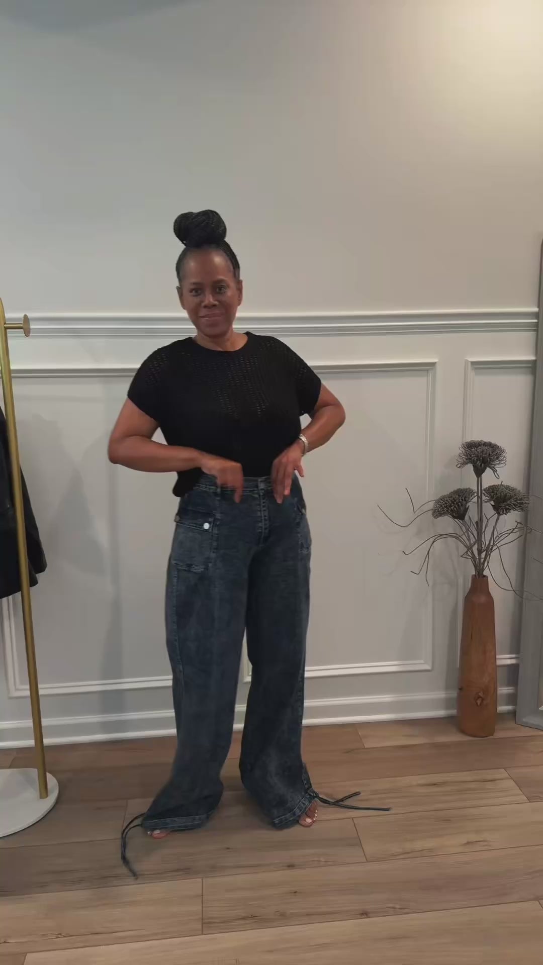 Crochet Knit Sheer Hollow Sweater: with matching tube top & Cinch Hem Wide Leg Jeans